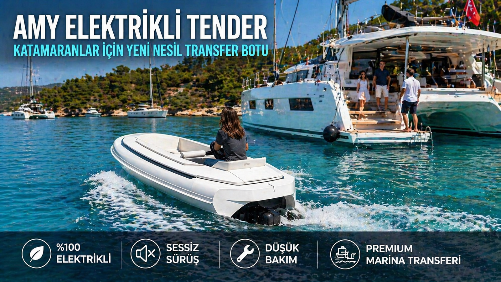 AMY elektrikli tender → büyük lüks katamaran transfer botu